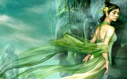 HD fantasy desktop wallpaper featuring a woman adorned in green, flowing garments, set against a mystical background with ethereal elements.