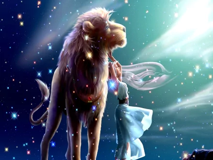 Fantasy HD desktop wallpaper featuring a majestic lion and a character with flowing hair, standing together under a starlit night sky.