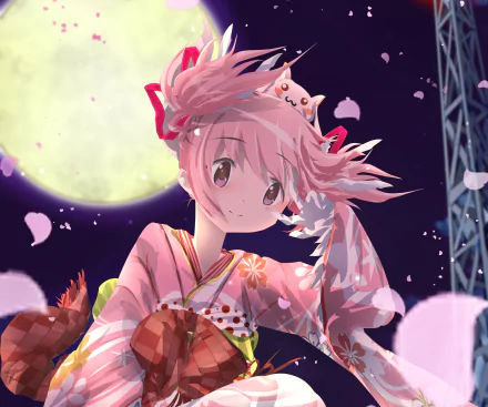 HD PC wallpaper of Madoka Kaname from Puella Magi Madoka Magica: pink-haired magical girl in a kimono beneath a full moon with cherry petals drifting in a night sky.