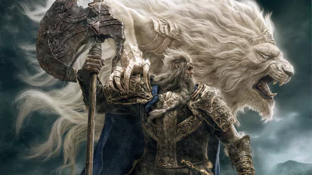 HD wallpaper featuring Godfrey, First Elden Lord from the video game Elden Ring, in ornate armor, wielding a large axe, with a powerful lion spirit behind him.