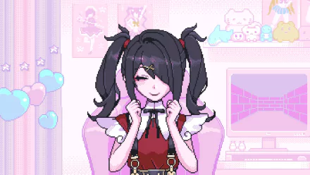 HD PC desktop wallpaper featuring Ame-chan from the video game NEEDY GIRL OVERDOSE in a pastel-themed room with cute decorations and a pink computer setup.