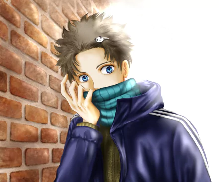 Toge Inumaki from Jujutsu Kaisen 0 — anime portrait with blue eyes, teal scarf and navy jacket, hand near mouth against a brick wall. 2K Quad HD PC desktop wallpaper.