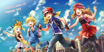 HD anime desktop wallpaper featuring Ash Ketchum, Serena, Clemont, Bonnie, and Dedenne from Pokémon, set against a bright blue sky and town backdrop.