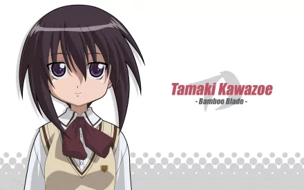 Anime-style HD PC desktop wallpaper featuring Tamaki Kawazoe from Bamboo Blade, depicted with dark hair, purple eyes, and a school uniform against a white background.