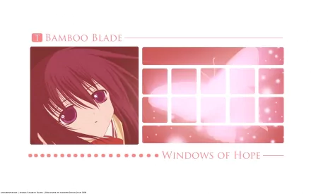 Anime Bamboo Blade HD PC desktop wallpaper/background: close-up of a long-haired girl with large eyes beside stylized pink window panes and the caption Windows of Hope.
