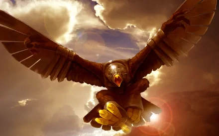 HD desktop wallpaper featuring a majestic fantasy griffin with a falcon-like head soaring through a dramatic sky with the sun breaking through the clouds.