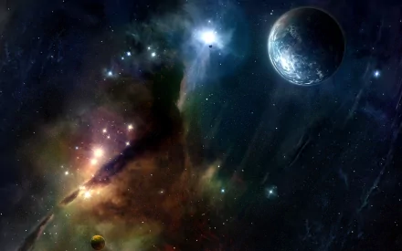 HD Sci-Fi desktop wallpaper with a breathtaking space scene featuring stars, a planet, and a colorful nebula.