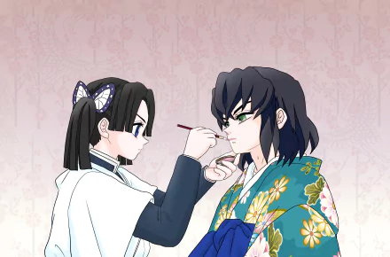 Aoi Kanzaki applies makeup to Inosuke Hashibira in kimono — anime scene from Demon Slayer: Kimetsu no Yaiba, 2K Quad HD PC desktop wallpaper.