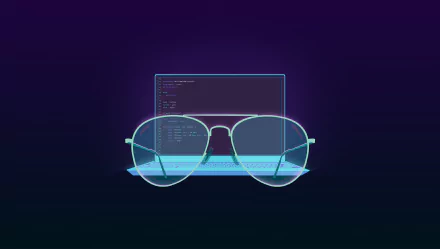 HD desktop wallpaper featuring a pair of glasses overlaying a laptop screen displaying code, set against a blue and purple gradient background, highlighting themes of technology and programming.