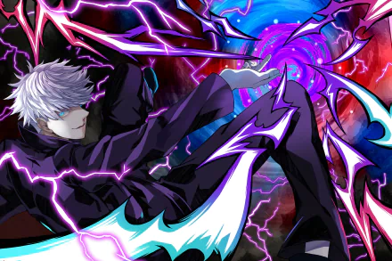 Satoru Gojo from Jujutsu Kaisen unleashing powerful purple lightning in a dynamic 4K Ultra HD anime desktop wallpaper.