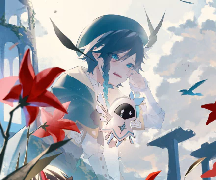 HD PC desktop wallpaper featuring Venti, also known as Barbatos, from the video game Genshin Impact, surrounded by bright flowers and a scenic sky backdrop.