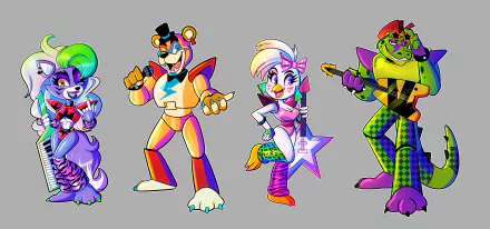 Colorful stylized animatronic band from the video game Five Nights at Freddy's: Security Breach, shown as chibi characters on a gray backdrop — 2K Quad HD PC desktop wallpaper/background.
