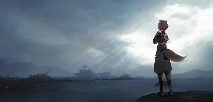 Gorou (Genshin Impact) stands on a rocky shore, tail visible, gazing at distant ships beneath brooding skies — a 2K Quad HD PC desktop wallpaper from the video game Genshin Impact.