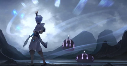 Chongyun from Genshin Impact stands amid a misty, mountainous landscape with glowing Cryo effects, featured in an HD PC desktop wallpaper from the video game.