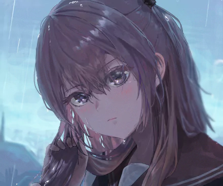 Close-up of Sajuna Inui (My Dress-Up Darling) with wet hair and reflective eyes in soft blue rain — 2K Quad HD PC desktop wallpaper.