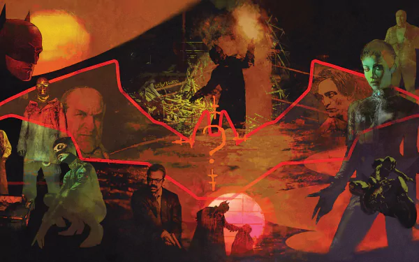 2K Quad HD PC desktop wallpaper: The Batman movie collage with a red bat emblem, shadowed Batman silhouette, menacing villains and a moody orange-red cityscape.