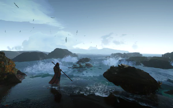 A fantasy warrior stands on rocky shore beside turbulent water under a sky filled with a flock of birds, set against a dramatic seascape in HD detail.