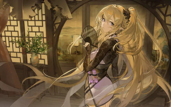 Indigo (Arknights) in an ornate, warm interior with long flowing blonde hair and lace gloves, holding a fan — video game artwork, 2K Quad HD PC desktop wallpaper/background.