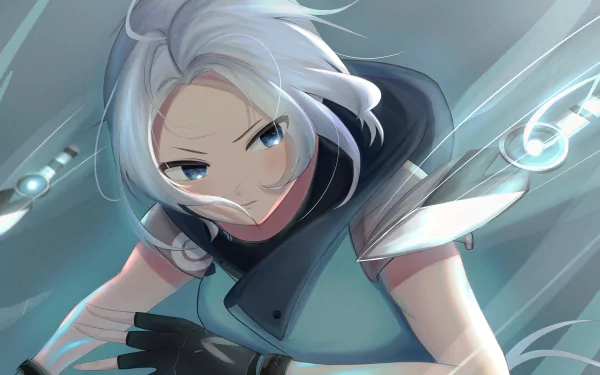 4K Ultra HD PC desktop wallpaper featuring Jett from the video game Valorant in a dynamic action pose with her signature white hair and blue eyes.