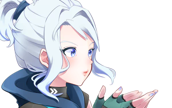 4K Ultra HD PC desktop wallpaper: close-up anime-style portrait of Jett from the video game Valorant — white hair, blue eyes, wearing gloves.