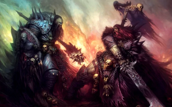 An intense Warhammer battle scene from a video game, featuring armored warriors clashing amidst a fiery, chaotic background. This HD desktop wallpaper captures the dark, epic atmosphere of the game.
