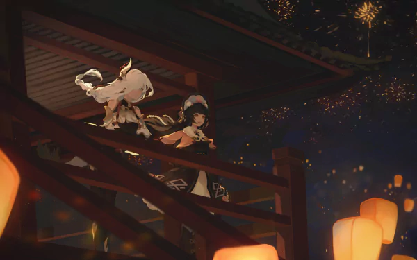 Yun Jin and Shenhe from Genshin Impact share a moment on a wooden balcony under a starry sky with glowing lanterns in this 4K Ultra HD PC desktop wallpaper.