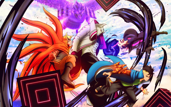 4K Ultra HD anime wallpaper featuring Isshiki Otsutsuki, Susanoo, Sasuke Uchiha, Boruto Uzumaki, Kawaki, and Naruto Uzumaki in Baryon Mode from Naruto & Boruto.