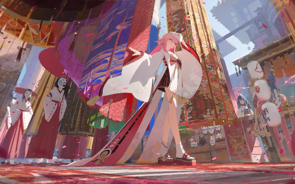 HD PC desktop wallpaper featuring Yae Miko Guuji, Baal Raiden Shogun, and Kazari from the video game Genshin Impact in a vibrant, detailed setting.