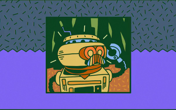 High-definition desktop wallpaper featuring a stylized illustration of a grounded robot in a dynamic pose with a dramatic green and yellow backdrop.