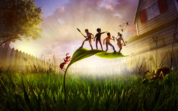 HD desktop wallpaper featuring animated characters standing on a leaf in a vibrant, sunlit backyard, evoking the game 'Grounded'.
