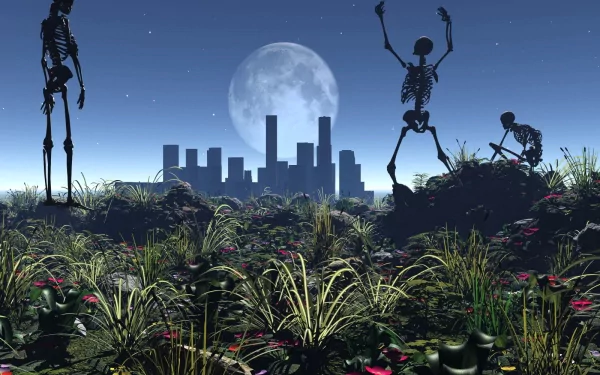 HD PC desktop wallpaper/background: dark night scene with skeletons dancing and standing among grass and red flowers, a full moon glowing above a silhouetted city skyline.