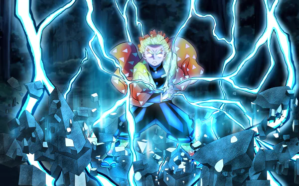 Vibrant 4K Ultra HD anime wallpaper featuring Zenitsu Agatsuma from Demon Slayer: Kimetsu no Yaiba, surrounded by crackling blue lightning in an intense action pose.