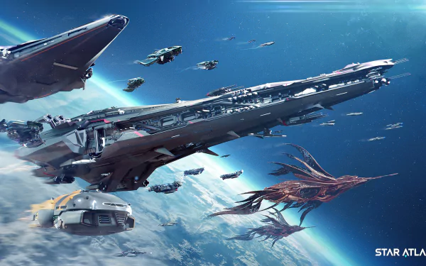 HD desktop wallpaper featuring Star Atlas spaceships in outer space for a sci-fi themed background.
