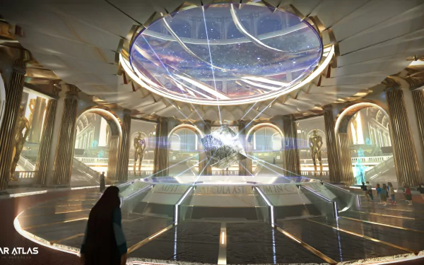 HD desktop wallpaper of Star Atlas futuristic space station interior with a view of the cosmos through a large dome window.