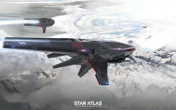 Star Atlas HD wallpaper featuring futuristic spaceships flying over icy planet surface for desktop background.