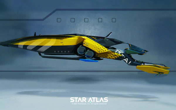 A vibrant HD desktop wallpaper featuring a futuristic spaceship from the video game Star Atlas, showcasing sleek design and bold colors against a subtle background.