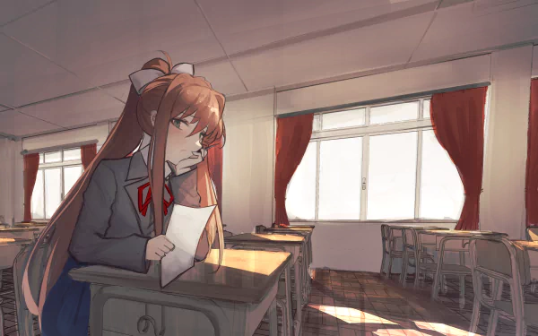 HD PC desktop wallpaper featuring Monika from the video game Doki Doki Literature Club! standing in a sunlit, empty classroom holding a piece of paper.