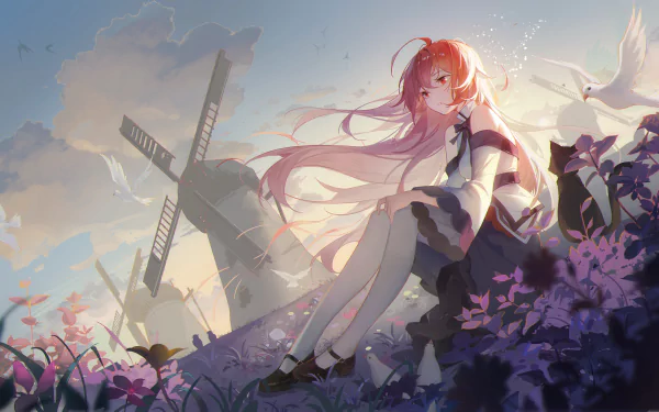 HD PC desktop wallpaper featuring Eris Boreas Greyrat from the anime Mushoku Tensei: Jobless Reincarnation, sitting amidst flowers with a windmill and birds in the background.