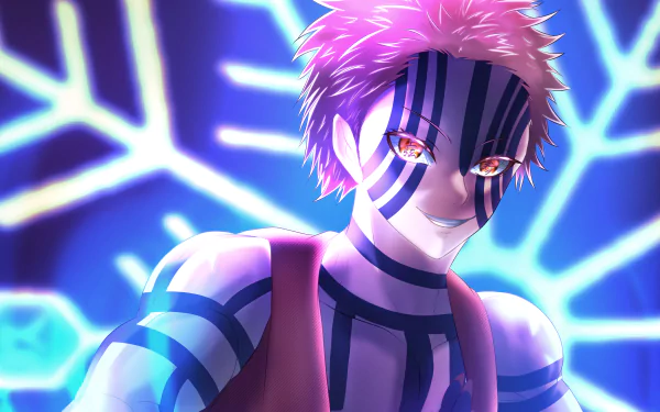 Akaza from Demon Slayer: Kimetsu no Yaiba in vibrant 4K Ultra HD PC desktop wallpaper, neon-blue glowing pattern behind the demon with a fierce, confident grin.