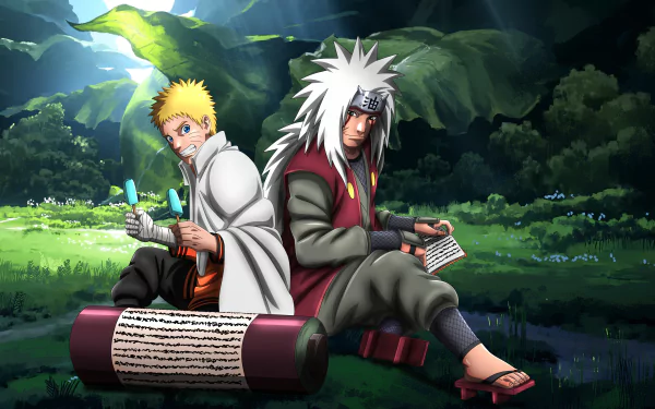 Jiraiya and Naruto Uzumaki from Naruto sit back-to-back in a lush forest, depicted in vibrant 4K Ultra HD anime style for a PC desktop wallpaper.