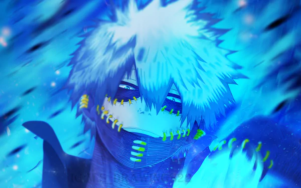 HD anime desktop wallpaper featuring Dabi from My Hero Academia with vibrant blue flames and detailed character design.