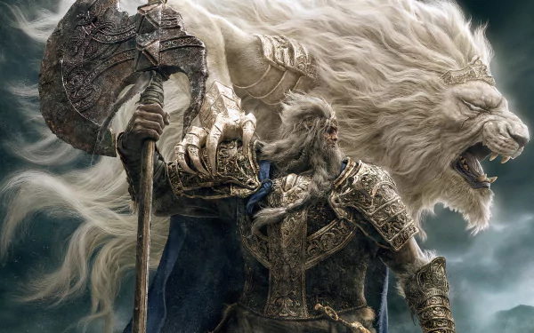 HD wallpaper featuring Godfrey, First Elden Lord from the video game Elden Ring, in ornate armor, wielding a large axe, with a powerful lion spirit behind him.