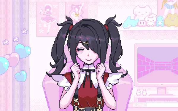 HD PC desktop wallpaper featuring Ame-chan from the video game NEEDY GIRL OVERDOSE in a pastel-themed room with cute decorations and a pink computer setup.