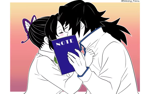 4K Ultra HD PC wallpaper of Giyuu Tomioka and Shinobu Kochou from Demon Slayer sharing a kiss behind a blue notebook, stylized anime desktop background with warm gradient.