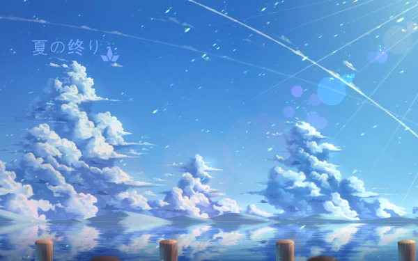 Anime sky HD PC desktop wallpaper: bright blue heavens with towering cumulus clouds mirrored on calm water, white contrails and sparkles crossing the serene scene.