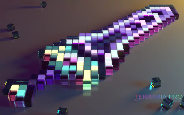 4K Ultra HD Terraria sword rendered with glowing, pixelated blocks in a vibrant video game style, set against a dark background with floating cubes.
