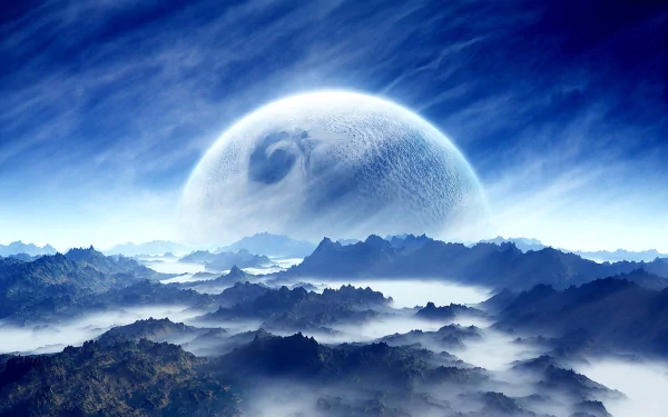 HD sci-fi desktop wallpaper featuring a stunning planet rise, with a large planet looming over a rugged, misty terrain.