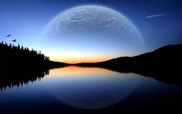 HD sci-fi desktop wallpaper featuring a stunning planet rise over a tranquil lake, with silhouetted trees, hills, and birds against a gradient twilight sky.