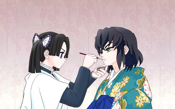 Aoi Kanzaki applies makeup to Inosuke Hashibira in kimono — anime scene from Demon Slayer: Kimetsu no Yaiba, 2K Quad HD PC desktop wallpaper.