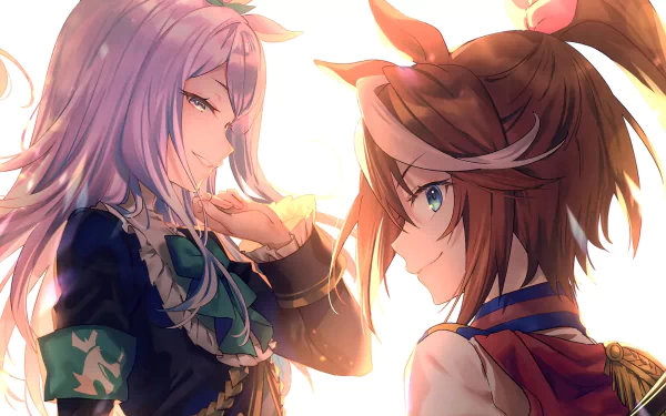 HD PC desktop wallpaper of Tokai Teio and Mejiro McQueen from Uma Musume: Pretty Derby — anime characters facing each other in warm backlight, smiling with detailed racing-inspired costumes.